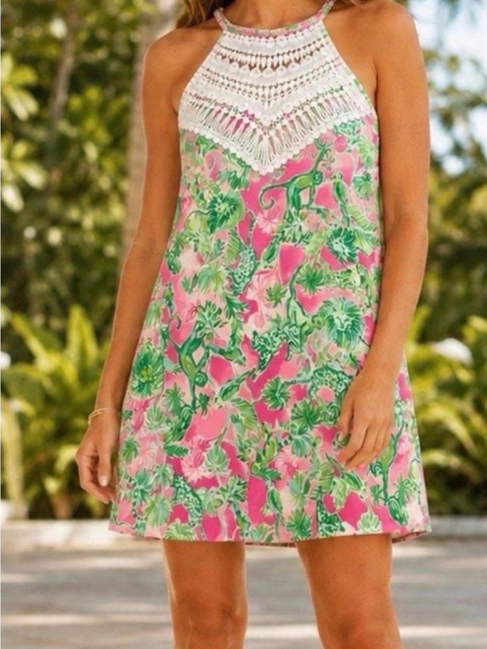 Lilly Pulitzer Pearl Soft Shift Dress Catch the Wave Monkey Print Lace Size 14